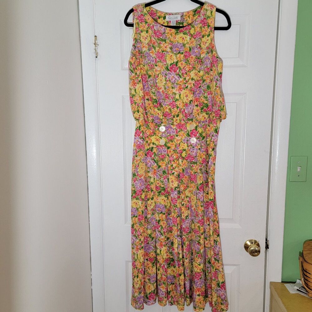 VTG Gillian 100% Silk Maxi Yellow Floral Dress‎ Blouson Top Pleated Easter Sz M